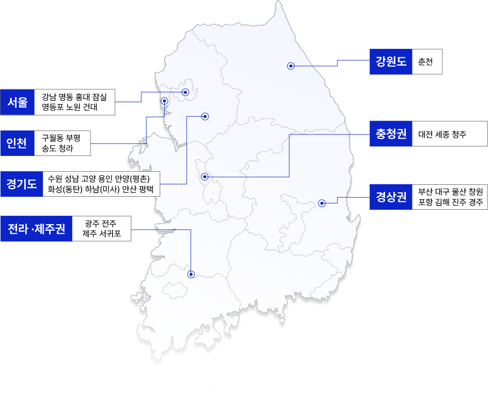 서울은 강남,명동,홍대,잠실,영등포,노원,건대, 인천은 구월동,부평,송도,청라, 경기도는 수원,성남,고양,용인,안양(평촌),화성(동탄),하남(미사),안산,평택, 전라·제주권은 광주,전주,제주,서귀포, 강원도는 춘천, 충청권은 대전,세종,청주, 경상권은 부산,대구,울산,창원,포항,김해,진주,경주 가 추천 지역입니다.
