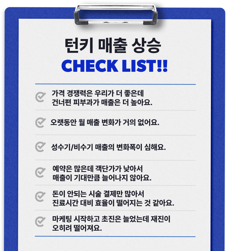 턴키 매출 상승 CHECK LIST!! 가격 경쟁력은 우리가 더 좋은데 건너편 피부과가 매출은 더 높아요., 오랫동안 월 매출 변화가 거의 없어요., 성수기/비수기 매출의 변화폭이 심해요., 예약은 많은데 객단가가 낮아서 매출이 기대만큼 늘어나지 않아요., 돈이 안되는 시술 결제만 많아서 진료시간 대비 효율이 떨어지는 것 같아요., 마케팅 시작하고 초진은 늘었는데 재진이 오히려 떨어져요.